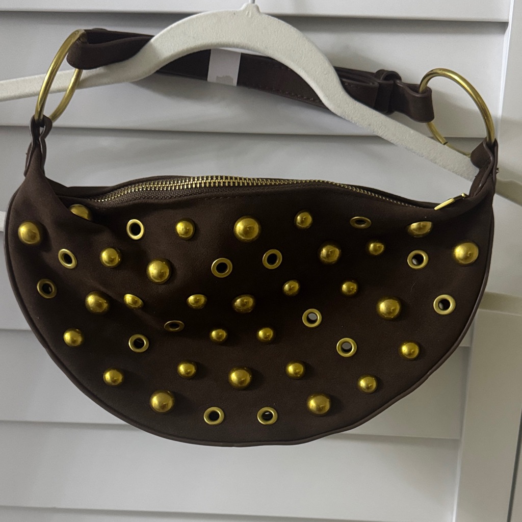 Chocolate Brown Studded Half-Moon Shoulder Bag